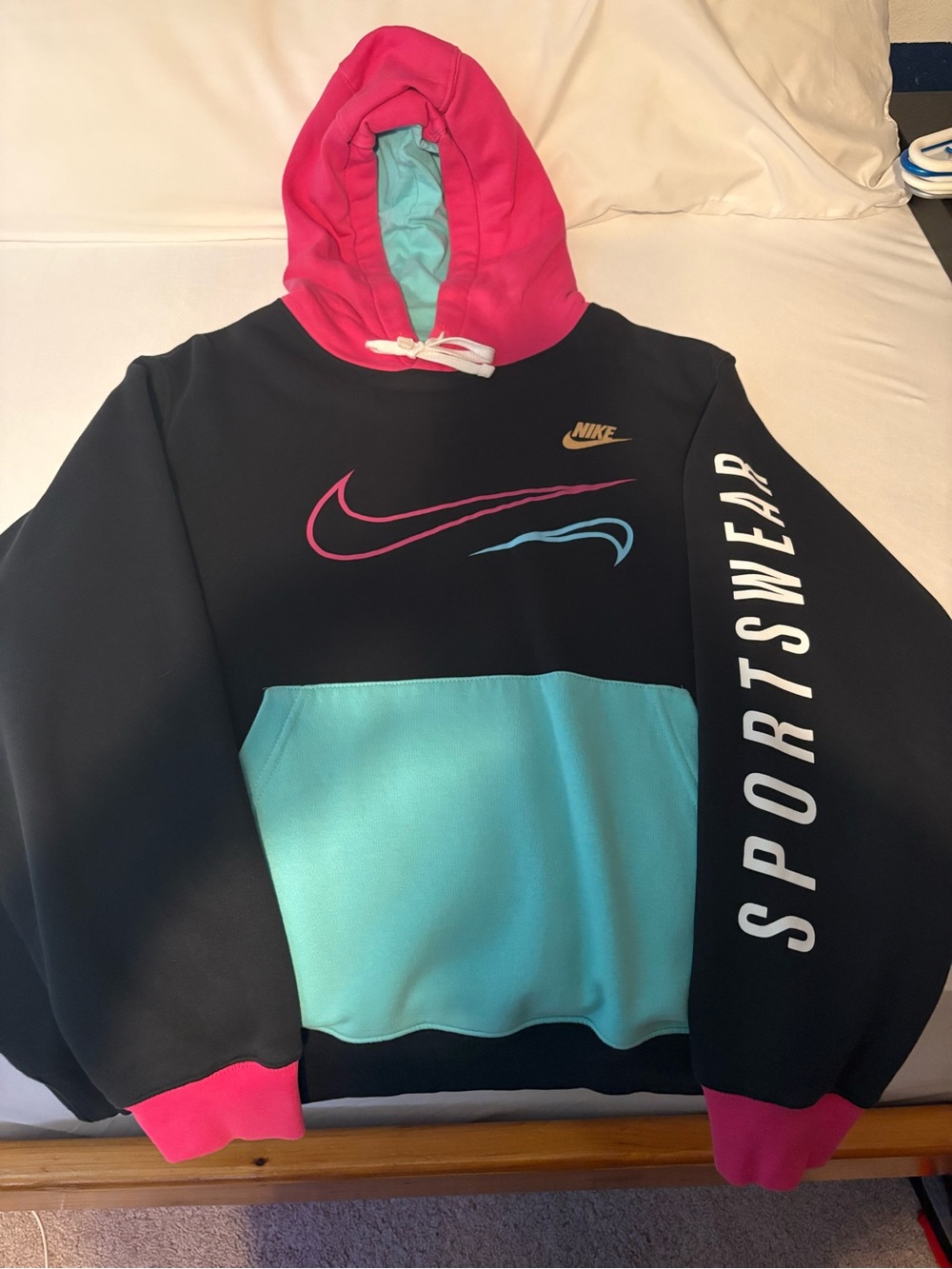 Nike Black Pullover Hoodie with Pink Hood & Teal Pocket